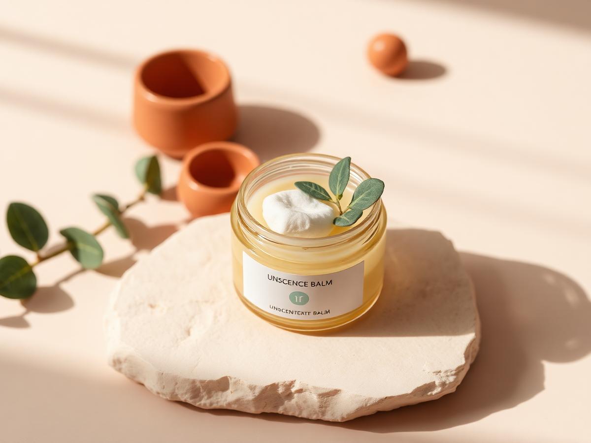 An open jar of unscented balm with a cotton pad and eucalyptus on cream stone