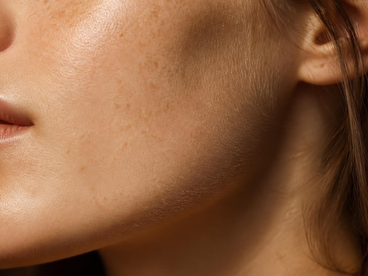 Close crop of a bare cheek and lips backlit by warm golden light