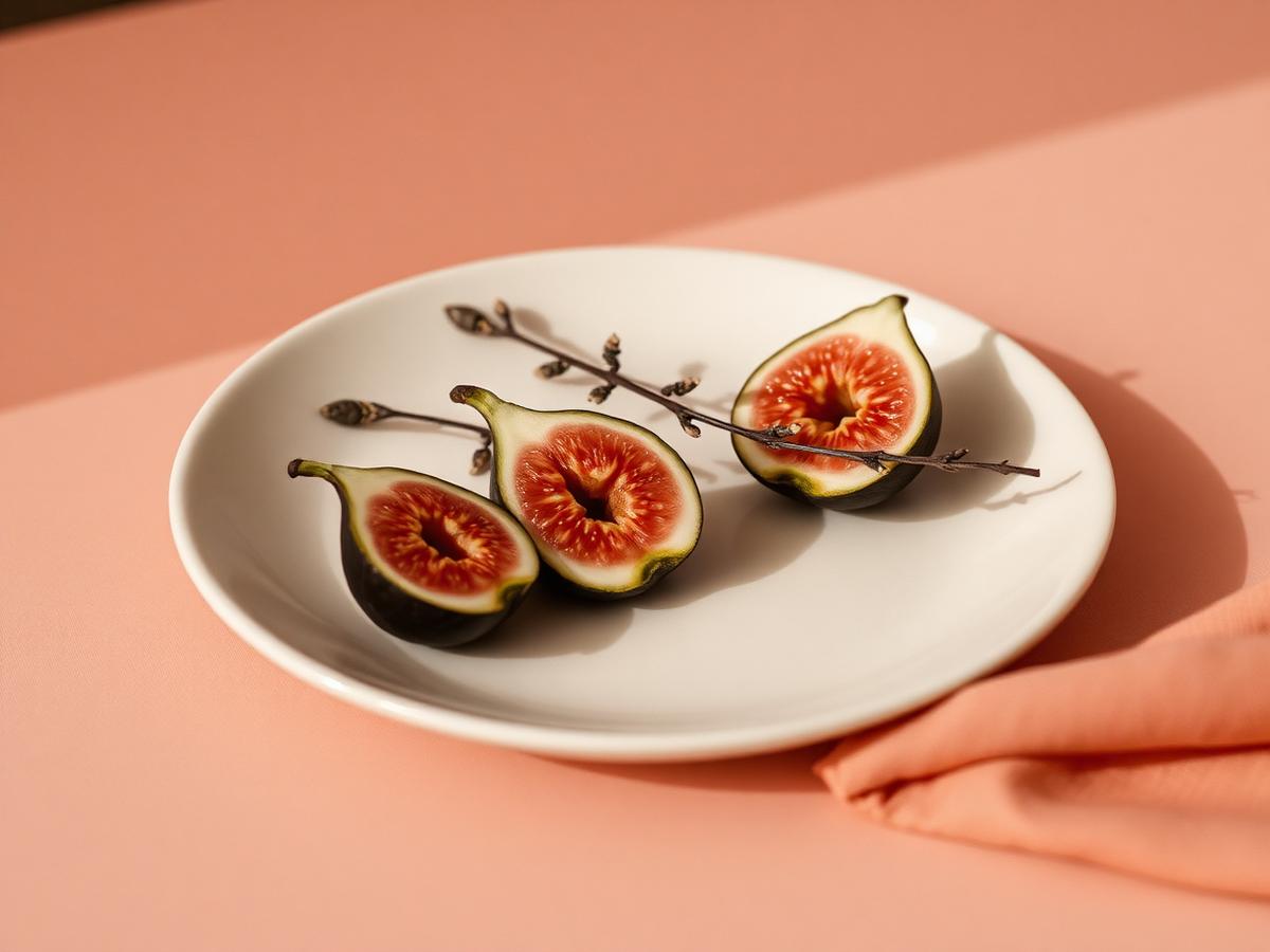 Halved figs and a blossom sprig on a cream plate in warm light