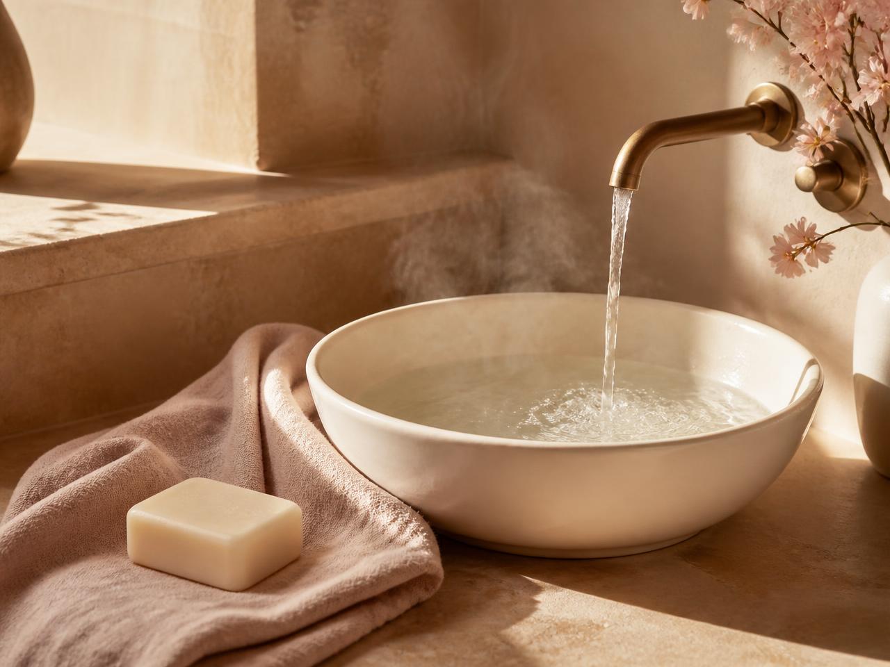 Warm water running into a cream ceramic basin beside a folded cloth and plain soap