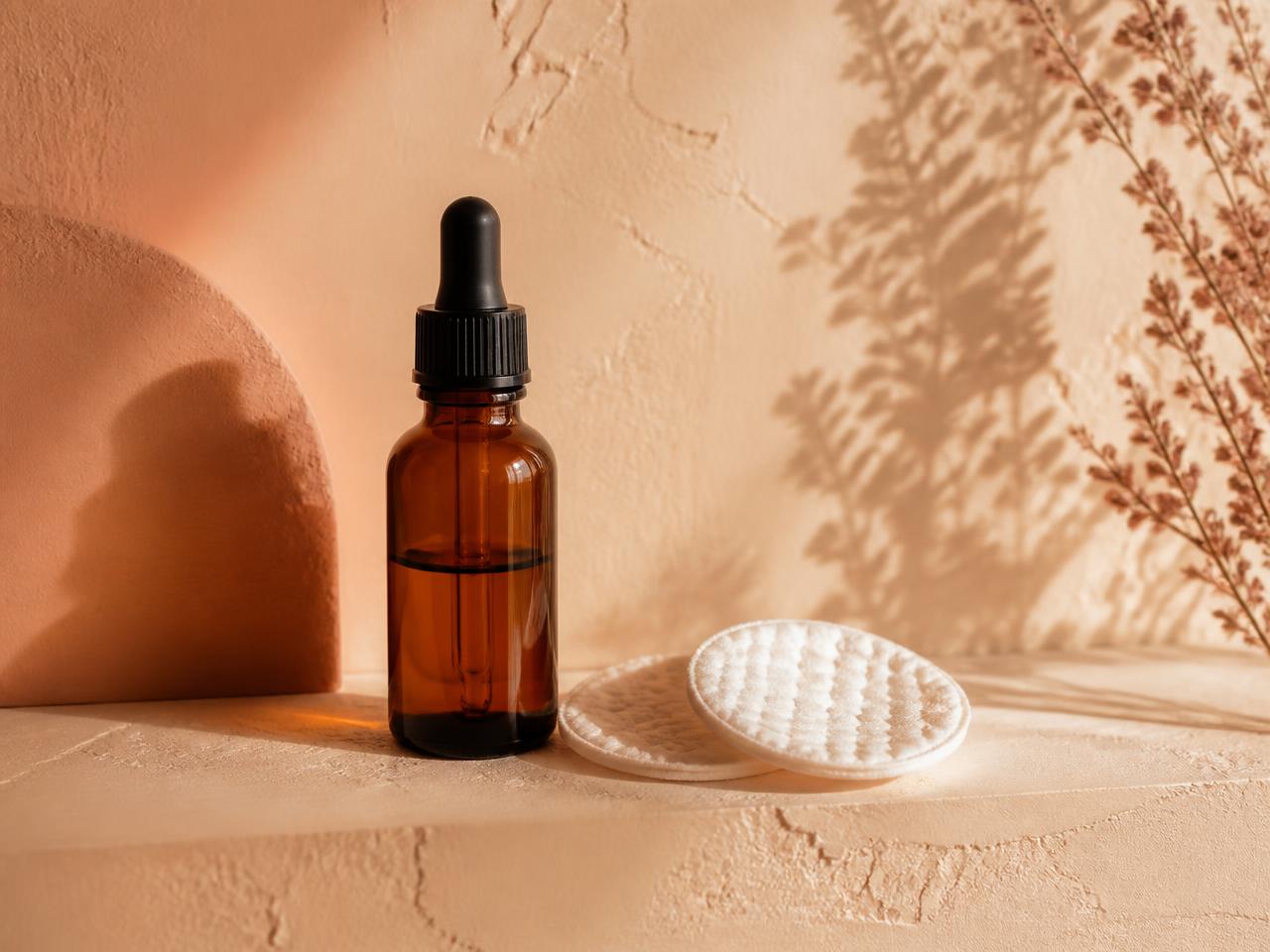 An amber dropper bottle and two cotton rounds on a warm plaster shelf in side light