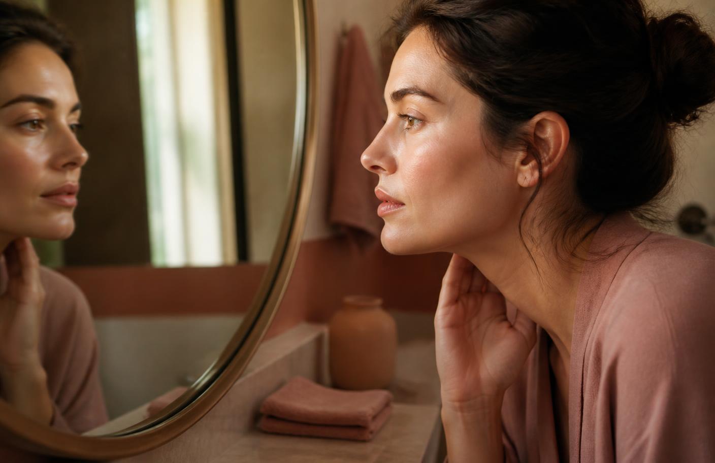 A woman holding a small facial razor to her cheek in front of a round bathroom mirror