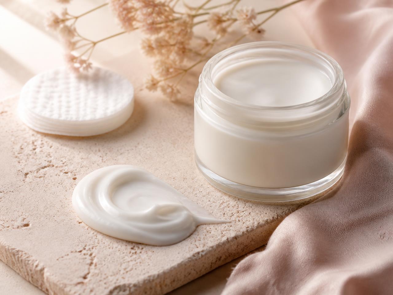 A swirl of unscented white cream on warm stone beside a cotton round and plain jar