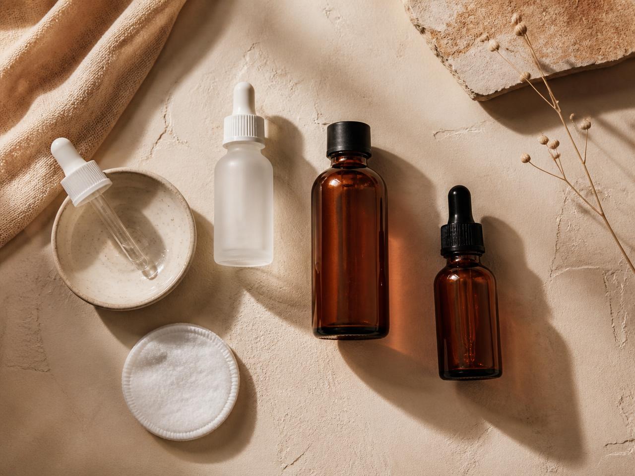 An open jar of unscented balm with a cotton pad and eucalyptus on cream stone