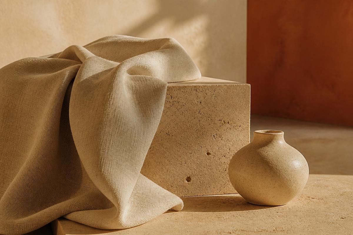 Coral freya. Vee vibrating razor standing on a travertine block beside a spare blade and linen pouch